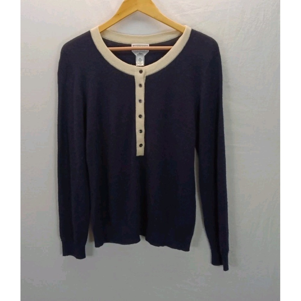 Vtg TALBOTS Sz XL 100% Cashmere Henley Pullover Navy Lightweight Sweater USA